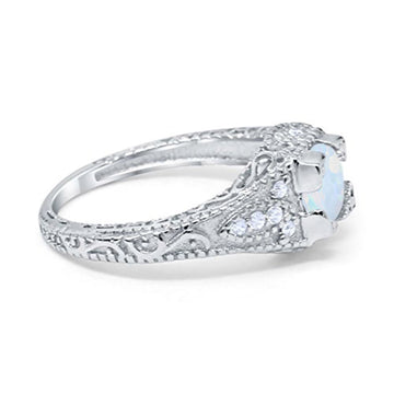 Vintage Design Solitaire Wedding Ring Lab Created White Opal 925 Sterling Silver